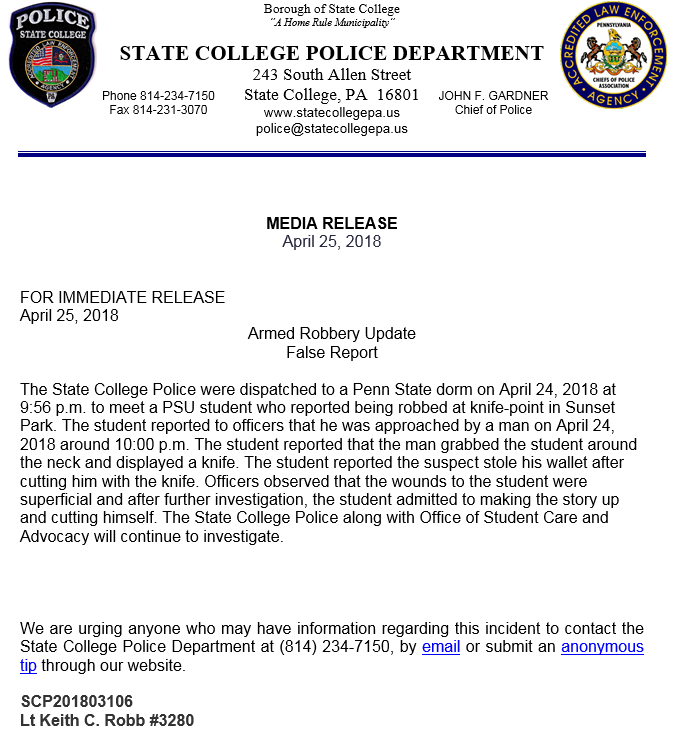 Armed Robbery Update False Report 
