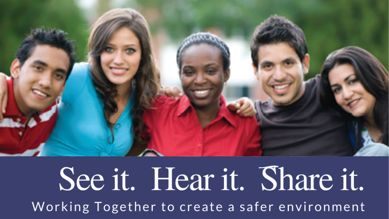 BTMT flyer of five students with a purple banner over them with the text Say it. Hear it. Share it. Working together to create a safer environment.